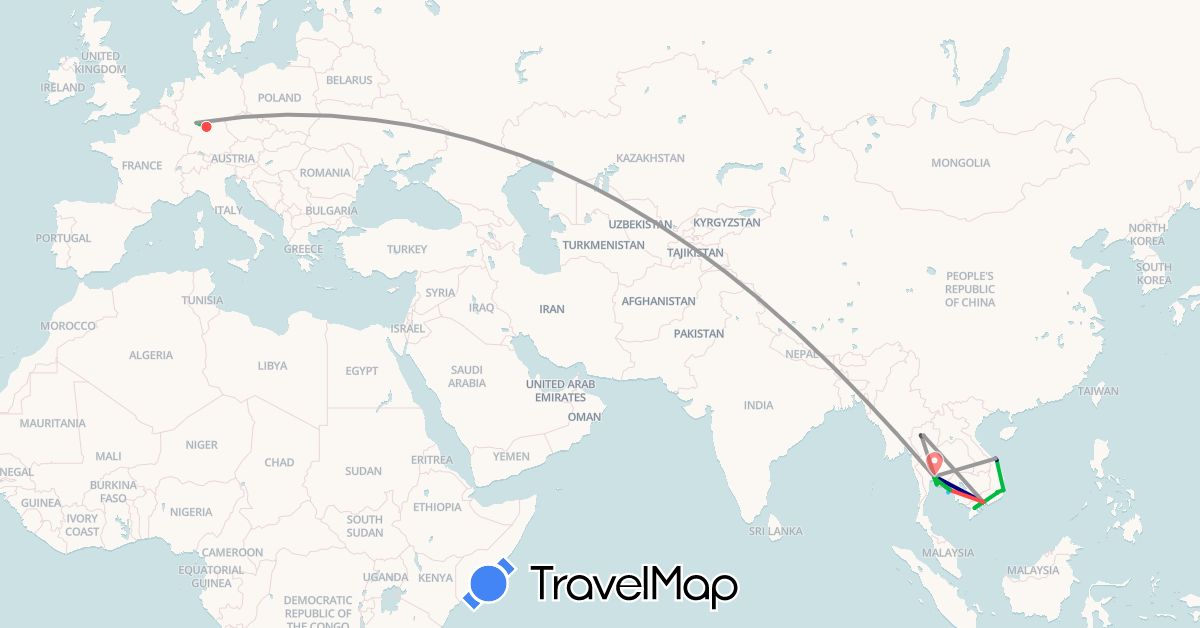 TravelMap itinerary: driving, bus, plane, train, hiking, boat, motorbike in Germany, Thailand, Ukraine, Vietnam (Asia, Europe)